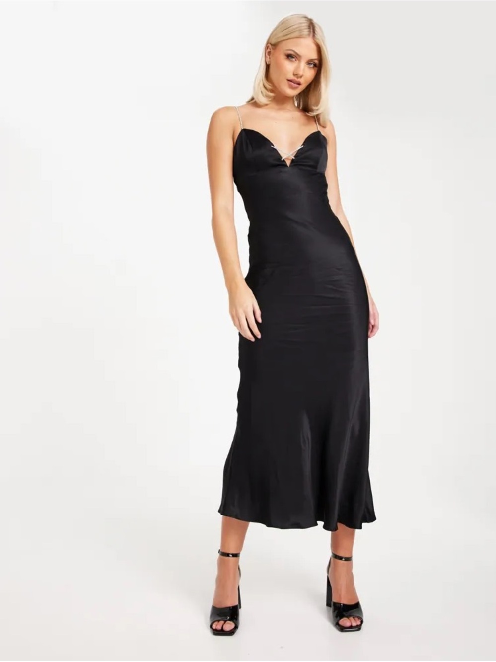 Bardot Black Satin Slip Midi Dress with V-Notch & Spaghetti Straps